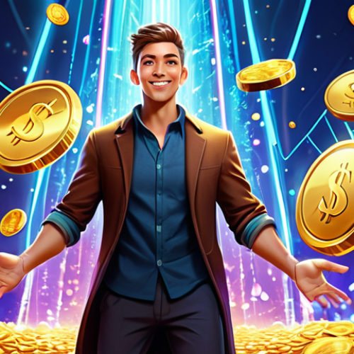 Home 14 A diverse professional young adult, fully clothed in appropriate, modest leisure attire, standing confidently amidst a vibrant cascade of stylized golden coins, sparkling gems, and glowing energy points. The background features blurred, abstract digital UI elements and bright, energetic light trails, symbolizing rapid progression and abundant rewards in a mobile game. The pose is natural, conveying joy and accomplishment. Perfect anatomy, correct proportions, well-formed hands, proper finger count, natural body proportions. Professional photography, high quality, safe for work, appropriate content, fully clothed, family-friendly.