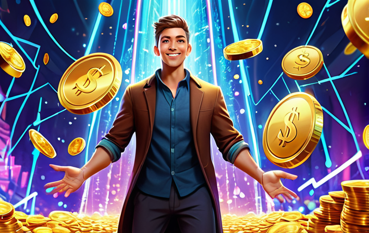 A diverse professional young adult, fully clothed in appropriate, modest leisure attire, standing confidently amidst a vibrant cascade of stylized golden coins, sparkling gems, and glowing energy points. The background features blurred, abstract digital UI elements and bright, energetic light trails, symbolizing rapid progression and abundant rewards in a mobile game. The pose is natural, conveying joy and accomplishment. Perfect anatomy, correct proportions, well-formed hands, proper finger count, natural body proportions. Professional photography, high quality, safe for work, appropriate content, fully clothed, family-friendly.