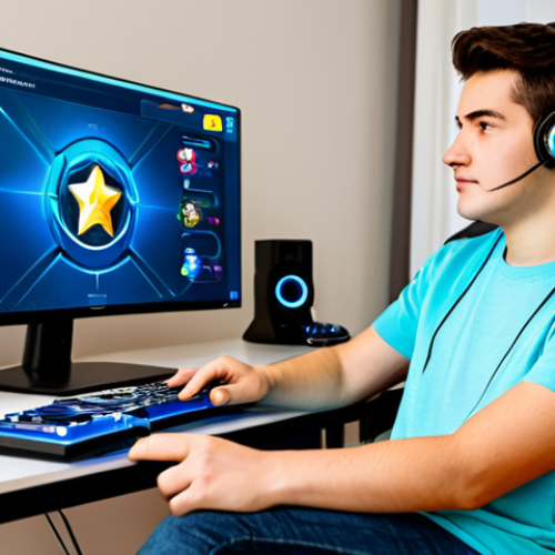 Home 7 A young adult gamer, gender-neutral, seated comfortably at a modern gaming desk, fully clothed in a modest casual outfit including a t-shirt and jeans. The individual is intently focused on a large, vibrant monitor displaying a stylized mobile game interface with a trophy progression track and star motifs. A subtle, satisfied expression is on their face, indicating achievement. Their well-formed hands rest naturally on a sleek gaming controller. The background is a clean, contemporary room with soft, warm ambient lighting. Professional photography, high resolution, realistic, studio lighting, vivid colors, appropriate content, safe for work, family-friendly, perfect anatomy, correct proportions, natural pose, natural body proportions, well-formed hands, proper finger count.