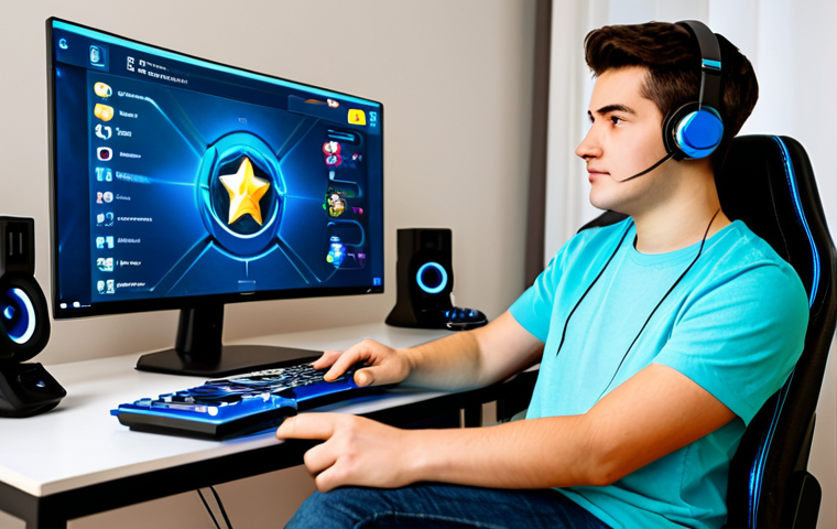 A young adult gamer, gender-neutral, seated comfortably at a modern gaming desk, fully clothed in a modest casual outfit including a t-shirt and jeans. The individual is intently focused on a large, vibrant monitor displaying a stylized mobile game interface with a trophy progression track and star motifs. A subtle, satisfied expression is on their face, indicating achievement. Their well-formed hands rest naturally on a sleek gaming controller. The background is a clean, contemporary room with soft, warm ambient lighting. Professional photography, high resolution, realistic, studio lighting, vivid colors, appropriate content, safe for work, family-friendly, perfect anatomy, correct proportions, natural pose, natural body proportions, well-formed hands, proper finger count.