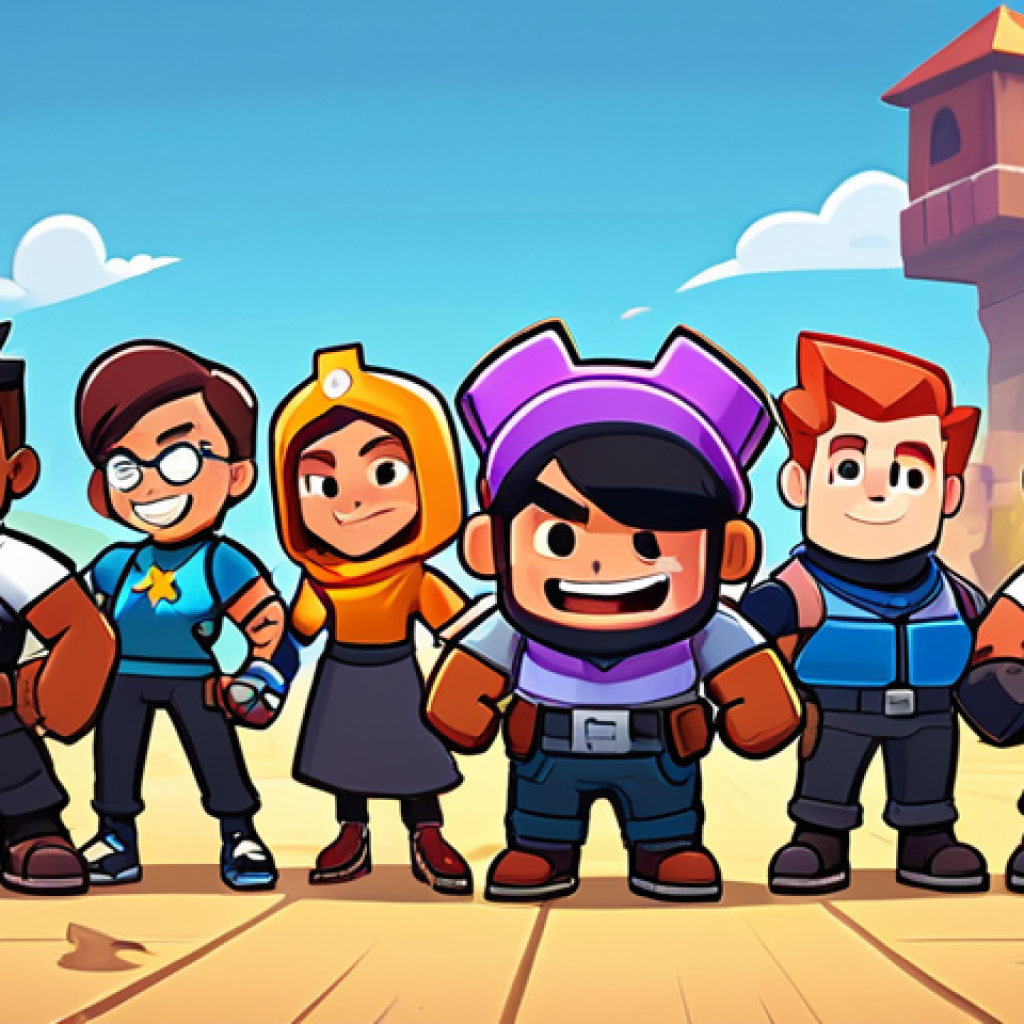**

A group of diverse, cartoon-style characters (Brawlers) in modest, non-revealing clothing, celebrating a victory in a Brawl Stars match. The background shows a stylized Brawl Stars map with safe, colorful elements. The scene conveys teamwork and excitement. Safe for work, appropriate content, fully clothed, family-friendly. Perfect anatomy, correct proportions, natural pose.

**