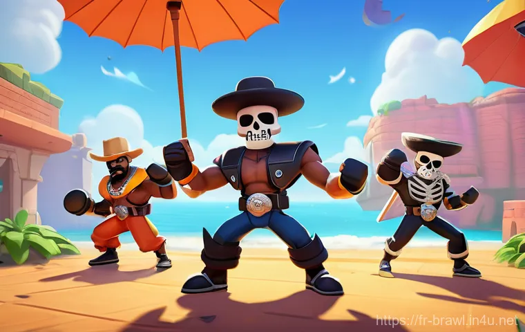 브롤스타즈 매칭 시스템 꿀팁 - **Prompt:** A dynamic, action-packed scene featuring three diverse Brawl Stars characters (Brawlers)...