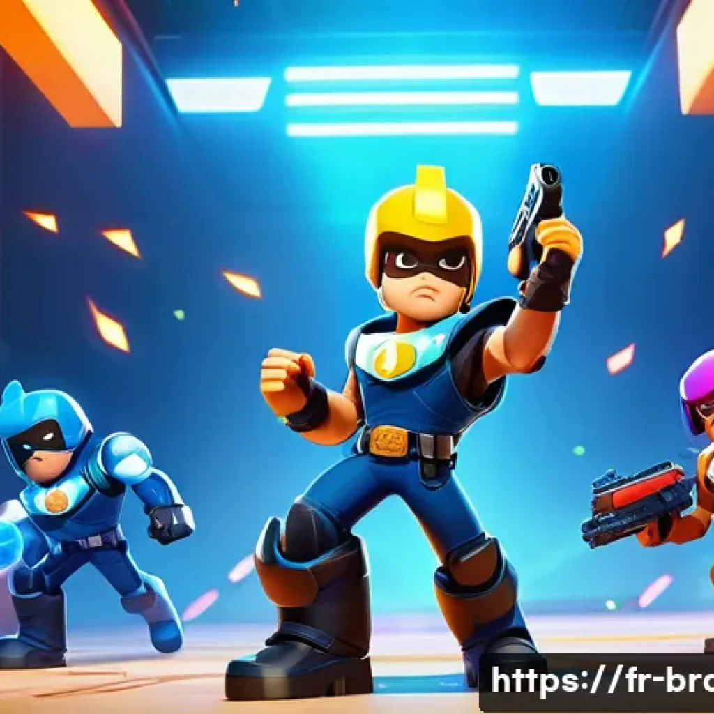 브롤스타즈 승률 높은 캐릭터 순위 - A dynamic battle scene featuring a versatile brawler inspired by Colt from Brawl Stars, wearing futu...