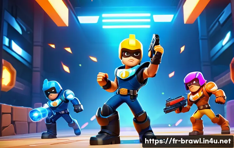 브롤스타즈 승률 높은 캐릭터 순위 - A dynamic battle scene featuring a versatile brawler inspired by Colt from Brawl Stars, wearing futu...