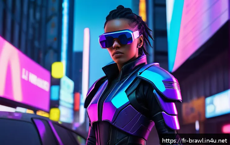 브롤스타즈 스킨 목록 및 출시 일정 - A futuristic cyberpunk brawler character standing confidently in a neon-lit urban arena at night, we...