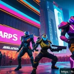 Home 18 브롤스타즈 크로마틱 브롤러 랭킹 - A dynamic scene showcasing a team of Chromatic Brawlers in mid-battle within a vibrant, futuristic a...