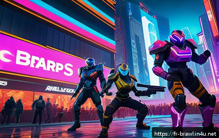 브롤스타즈 크로마틱 브롤러 랭킹 - A dynamic scene showcasing a team of Chromatic Brawlers in mid-battle within a vibrant, futuristic a...