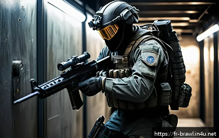 브롤스타즈 저티어 캐릭터 공략법 - A dynamic scene featuring a tactical low-tier hero in a narrow corridor setting, carefully placing m...